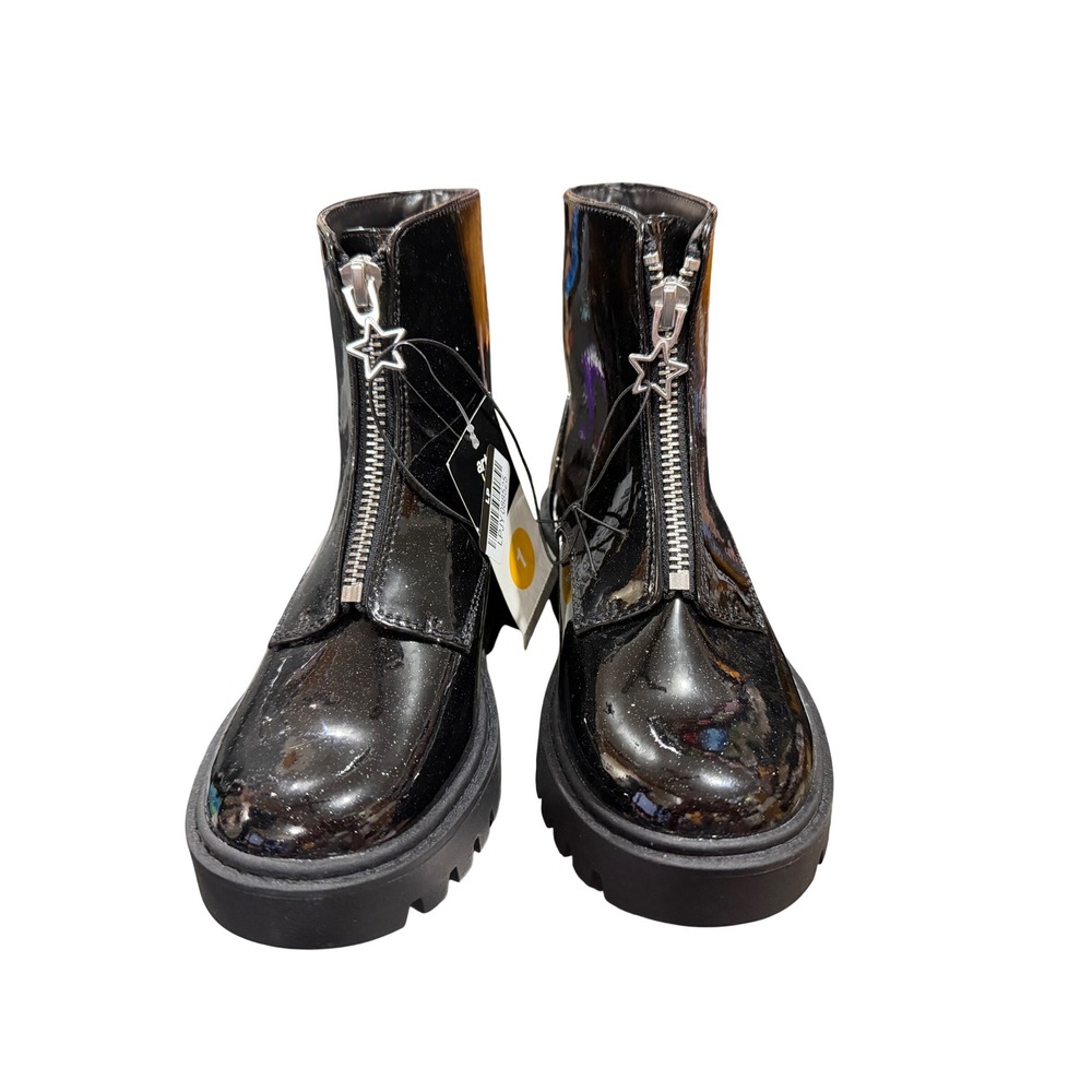 Cat & Jack Kids Myra Chelsea Boots Black Glitter Patent Front Zip Star Pull Sz 4